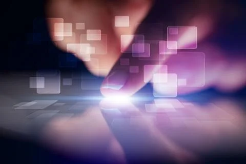 Finger touching tablet with identification concept 库存照片
