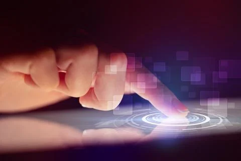 Finger touching tablet with identification concept 库存照片