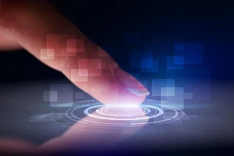 Finger touching tablet with identification concept 库存照片
