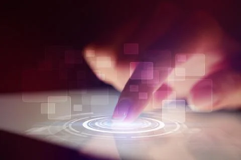 Finger touching tablet with identification concept 库存照片