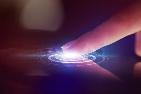 Finger touching tablet with identification concept 库存照片