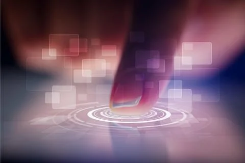 Finger touching tablet with identification concept 库存照片