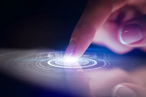 Finger touching tablet with identification concept Stock Photos