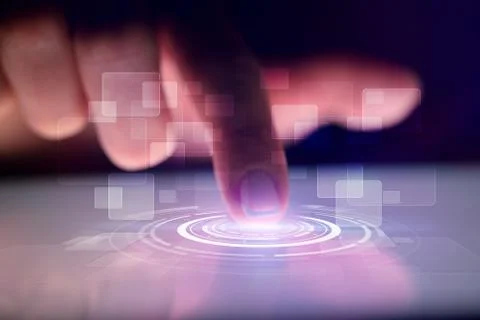 Finger touching tablet with identification concept Stock Photos
