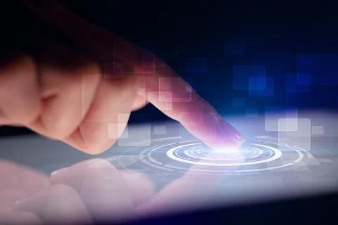 Finger touching tablet with identification concept 库存照片