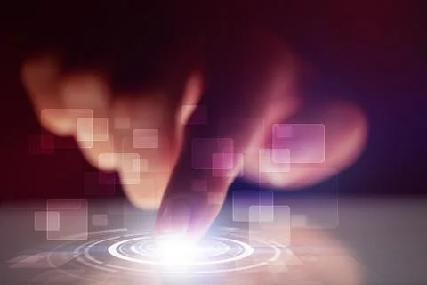 Finger touching tablet with identification concept 库存照片