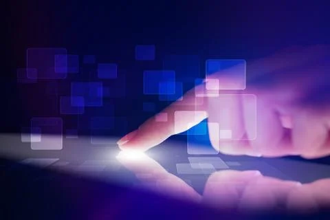 Finger touching tablet with identification concept 库存照片