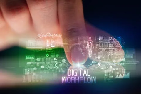 Finger touching tablet with web technology icons concept Foto stock