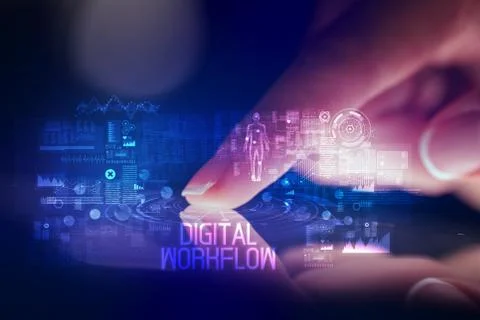 Finger touching tablet with web technology icons concept 写真素材