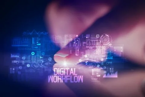 Finger touching tablet with web technology icons concept Foto stock