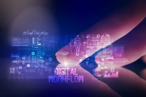 Finger touching tablet with web technology icons concept Foto stock