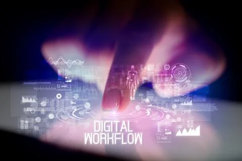 Finger touching tablet with web technology icons concept Foto stock