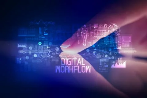 Finger touching tablet with web technology icons concept Stock Photos