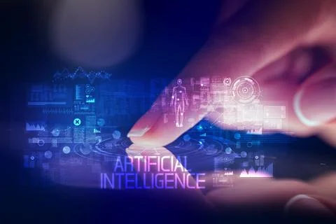 Finger touching tablet with web technology icons concept Stock Photos