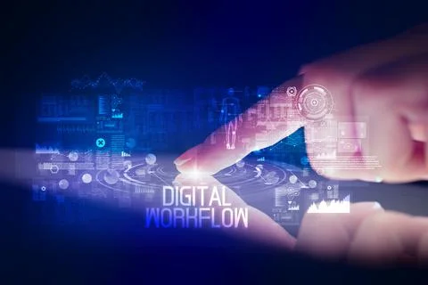 Finger touching tablet with web technology icons concept Foto stock