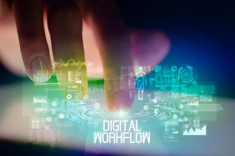 Finger touching tablet with web technology icons concept Foto stock