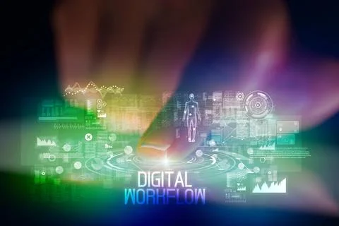 Finger touching tablet with web technology icons concept Stock Photos