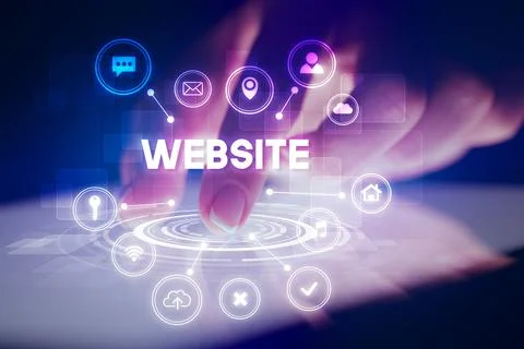 Finger touching tablet with web technology icons concept Stock Photos