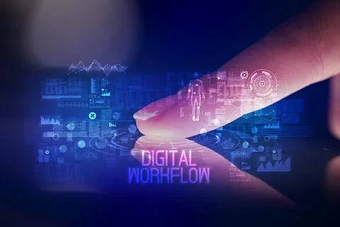 Finger touching tablet with web technology icons concept Foto stock