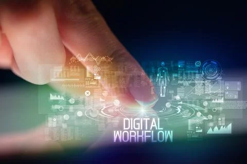 Finger touching tablet with web technology icons concept Foto stock