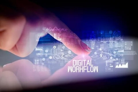 Finger touching tablet with web technology icons concept Stock Photos