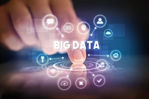 Finger touching tablet with web technology icons concept 스톡 사진