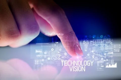 Finger touching tablet with web technology icons concept Stock Photos