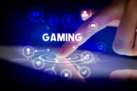 Finger touching tablet with web technology icons concept Foto stock