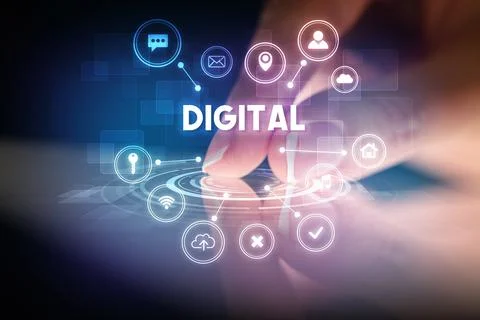 Finger touching tablet with web technology icons concept Stock Photos