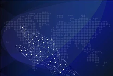 Finger touching world map on a touch screen. vector. Illustrazione stock