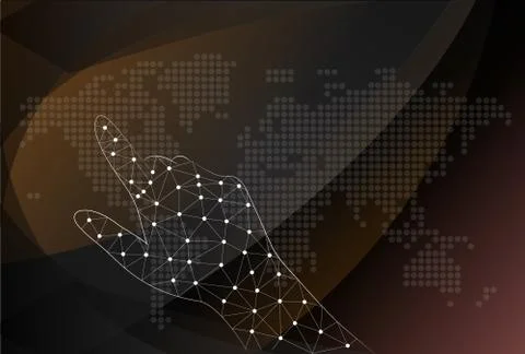 Finger touching world map on a touch screen. vector. Stock Illustration