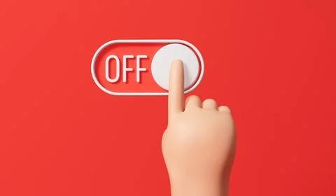 A finger turning off a toggle switch button. 3d Rendering Stockillustratie