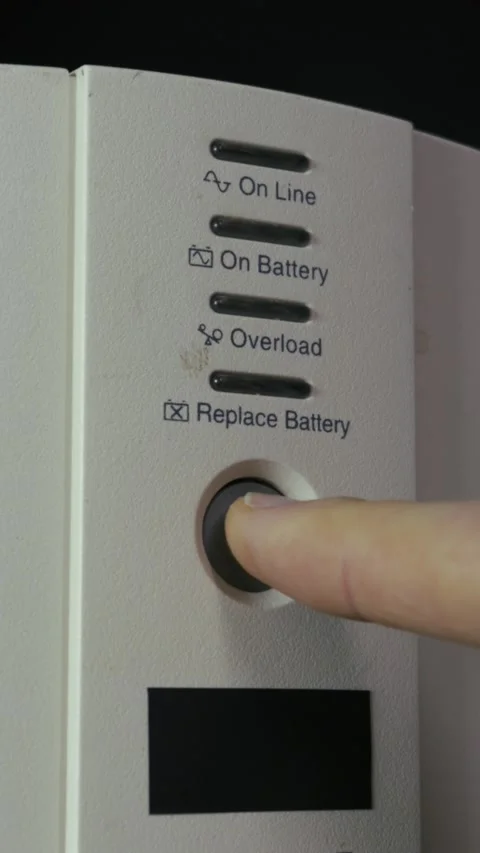 Finger Turning On UPS Backup Battery System For Computer Protection Stock Footage 327852289