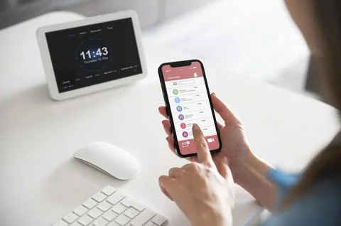 Finger typing on smartphone close up Stock Photos