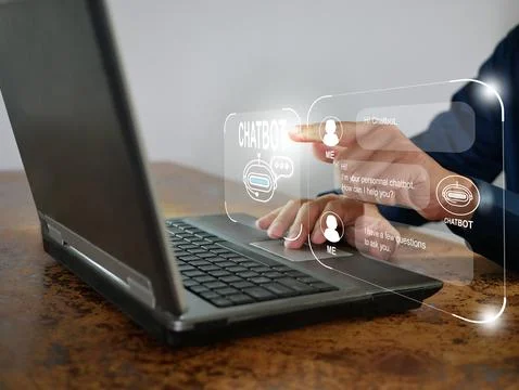 Finger uses digital chatbot computer program to conduct online chat conversation Stock Photos