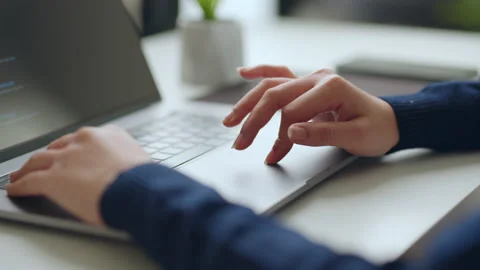 Finger using laptop scrolling on website, surfing, searching on internet Stock Footage 190686568