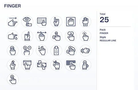 Finger Vector Icon Set with 25 Regular Line 64x64 Grid Fitted Graphics Stock Illustration