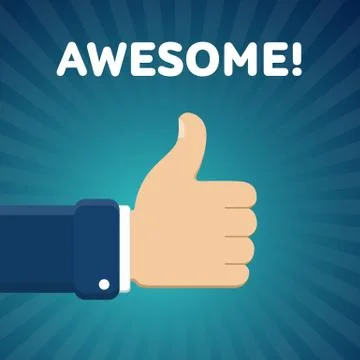 Finger up vector illustration with "Awesome" text on blue radial gradient bac Illustrazione stock