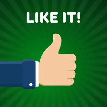 Finger up vector illustration with "Like it" text on green radial gradient ba Stock Illustration
