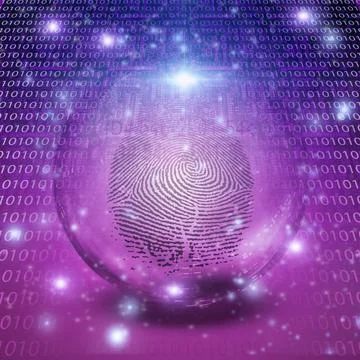 Fingerprint and binary code Fingerprint inside crystal ball and binary cod... Foto stock