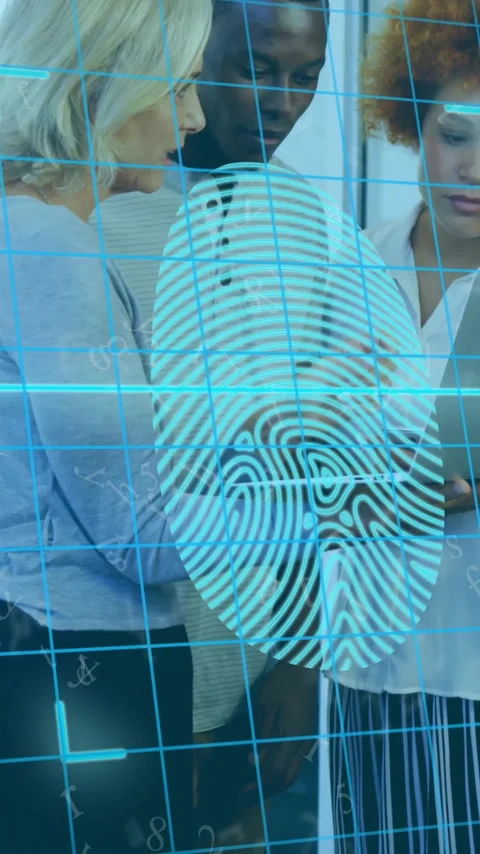 Fingerprint and data grid animation over diverse team collaborating in office Stock Footage 319727784