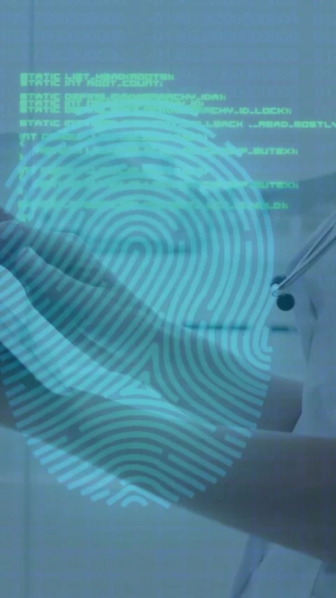 Fingerprint and data processing animation over medical professional using tablet Stock Footage 342954428