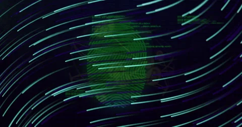 Fingerprint and digital data processing animation with dynamic light streaks Stock Footage 303941709
