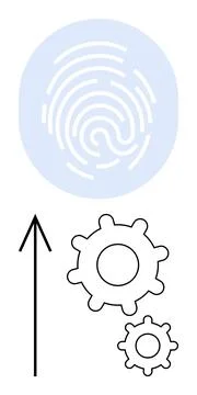 Fingerprint Authentication and Mechanical Cogs Driven by Upward Arrow in Bl.. Stock Illustration