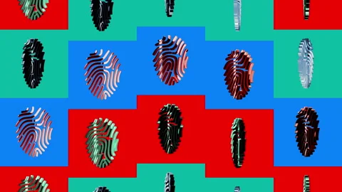 Fingerprint biometric identity multiple 3d golden symbols Stock Footage 340138633