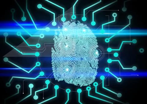 Fingerprint biometric scanner against microprocessor connections on blue Stockfoto's