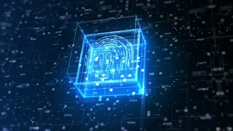 Fingerprint on the circuit, releasing binary codes, microchip data processing Stock Footage 155952392