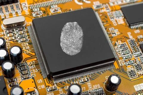 Fingerprint on computer chip Fingerprint on computer chip, technology secu... Stock-Fotos