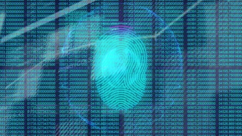 Fingerprint graphic floating over cybersecurity matrix, showing numeric code Stock Footage 308657462