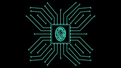 Fingerprint icon integrates biometric technology on circuit board. Fingerpr.. Stockbeeldmateriaal 337368467